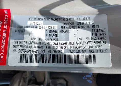 2024 Mazda Mazda3 2.5 S Select Sport z USA, uszkodzony, nr VIN 3MZBPABM2RM410770